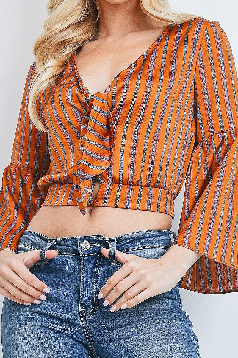 Tie front bell sleeve stripe crop top (EF2103)