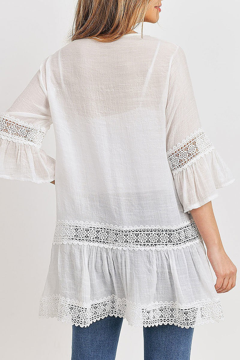 Lace trimmed bell sleeve tunic top (ED8548)