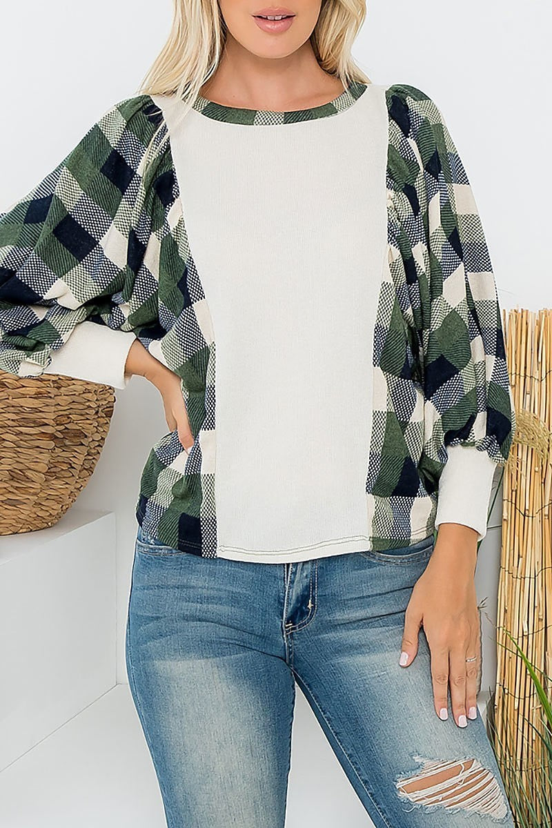 Combo plaid contrast long sleeve top (EF6097)