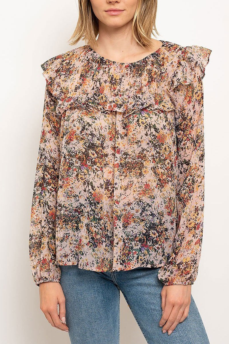 Floral print ruffle detail sheer top (EDWT2367)