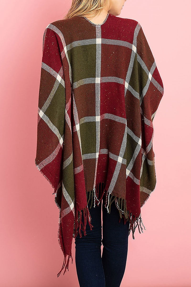 Fringe plaid poncho sweater (DGS4927)