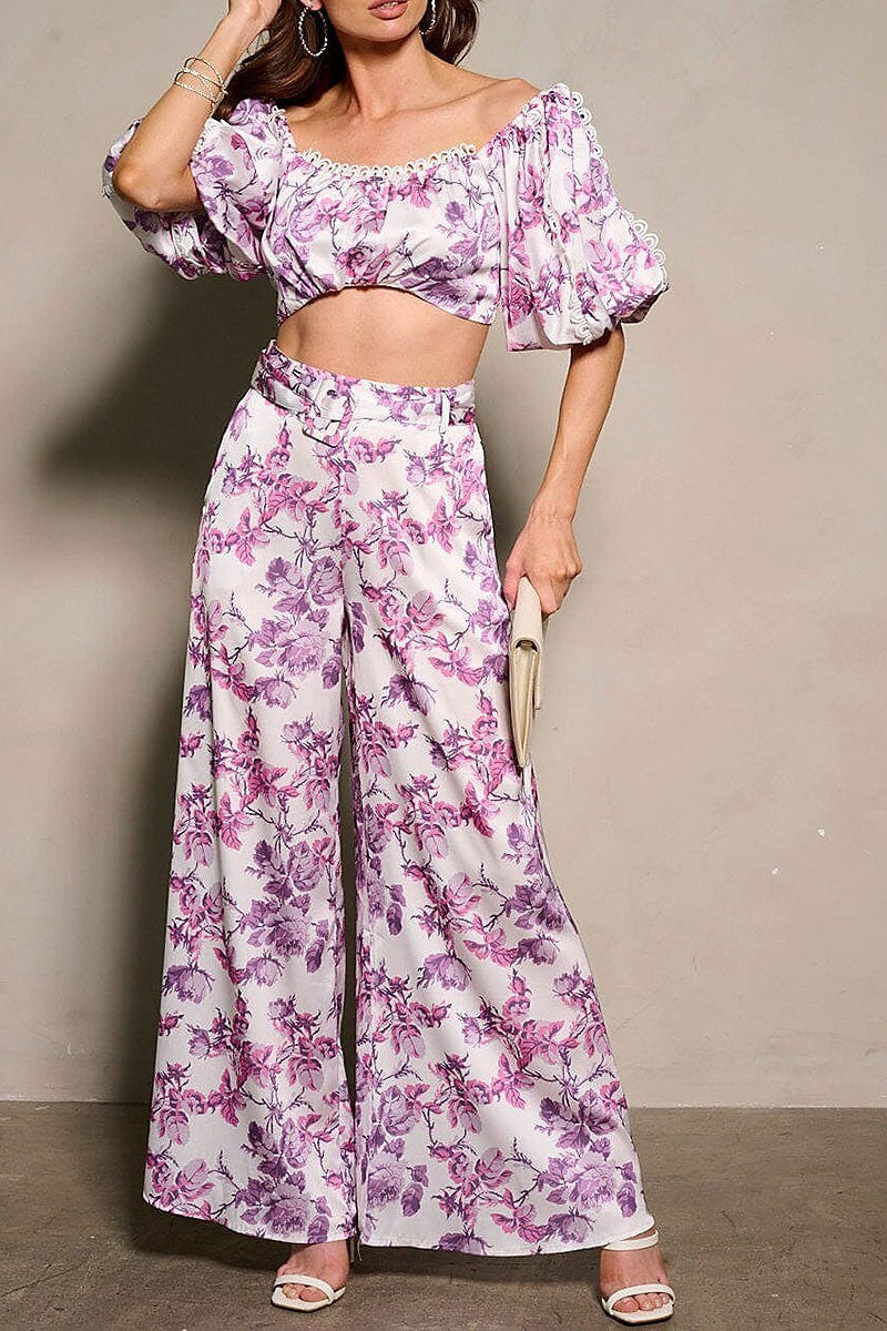 Short sleeve crop top & belted pants floral set (EFWT9512)