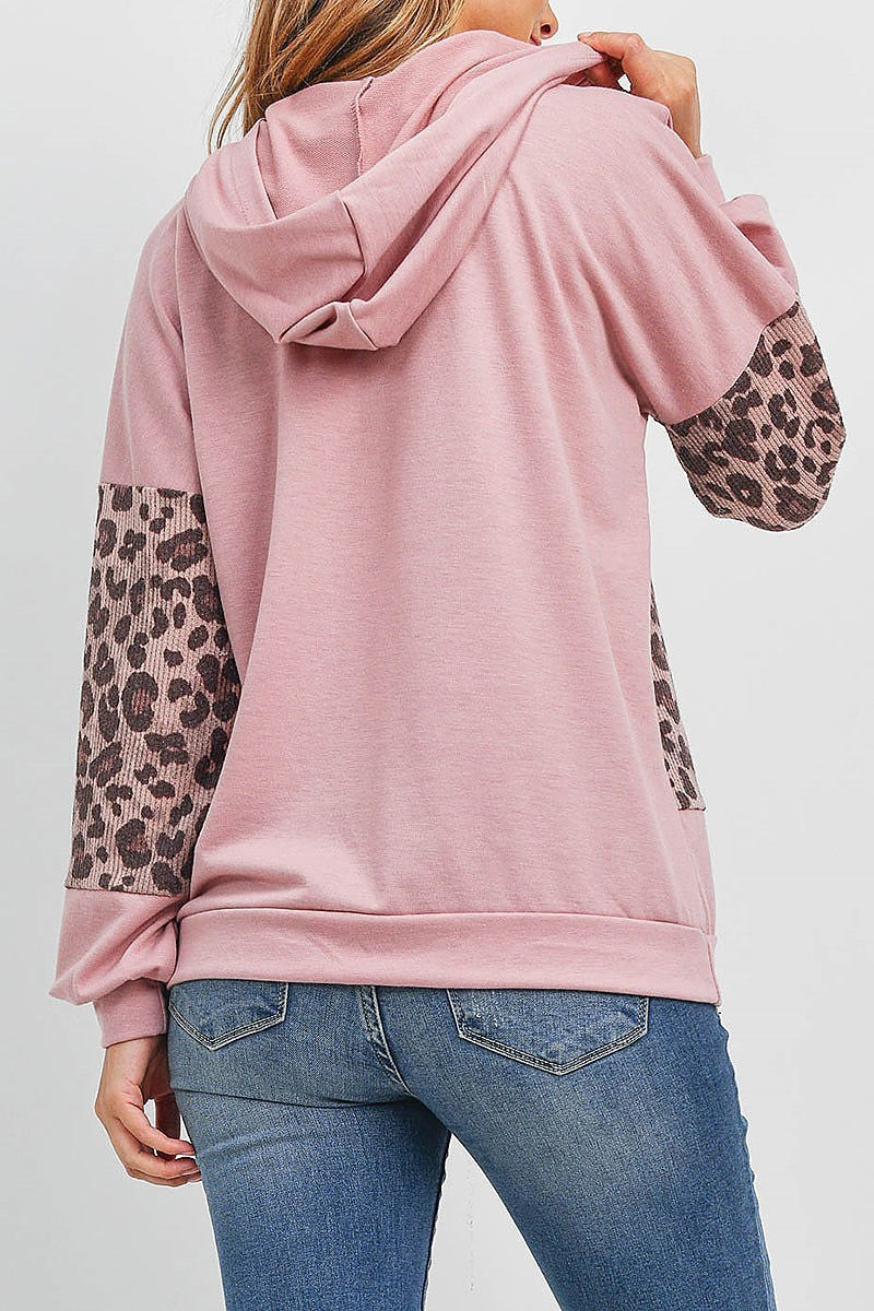 Rib leopard contrast puff sleeve hoodie (EF2038)