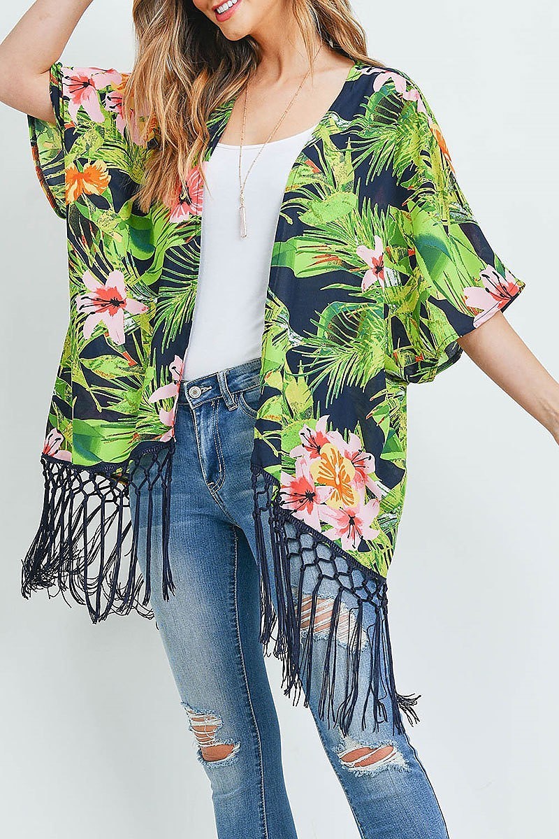 Fringe detail floral print kimono (ED9057)