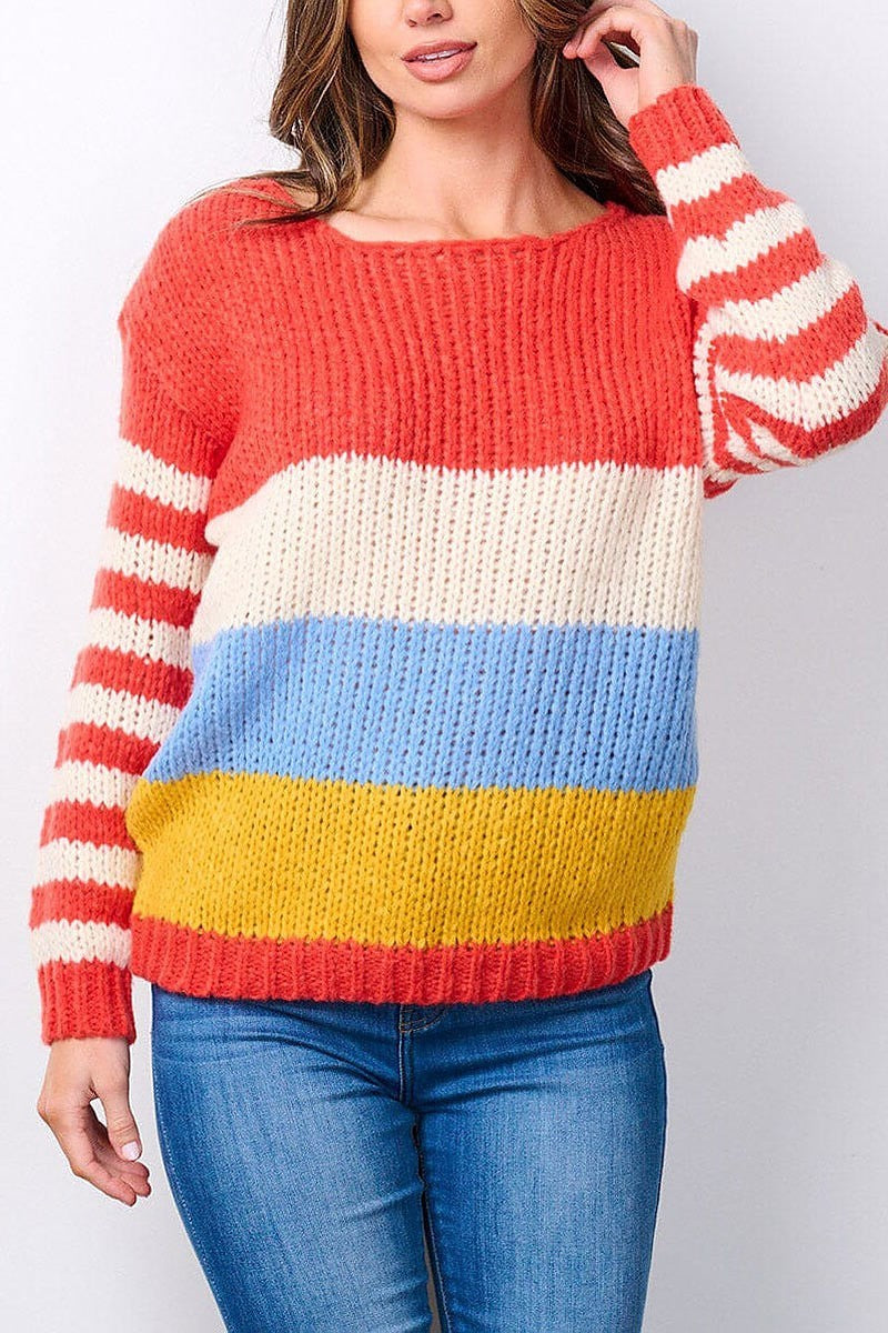 Long sleeve colorblock knit sweater (EFWT7494)