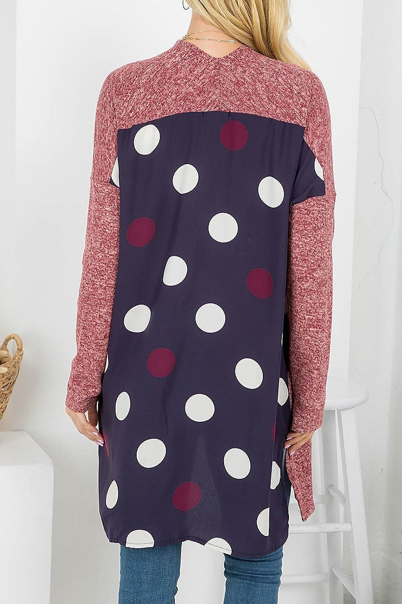 Polka dot print back solid front cardigan (EF4151)