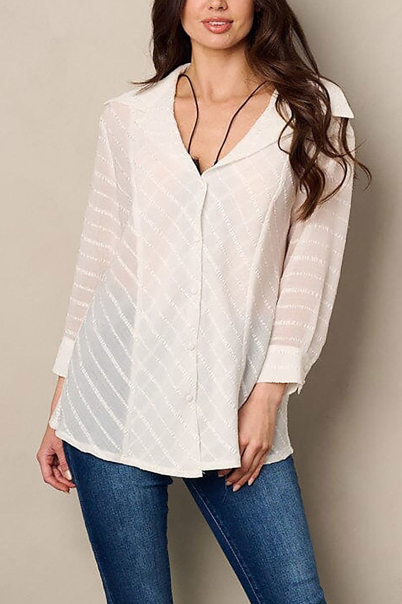 Quarter sleeve button up lace blouse top (EFWT2238)