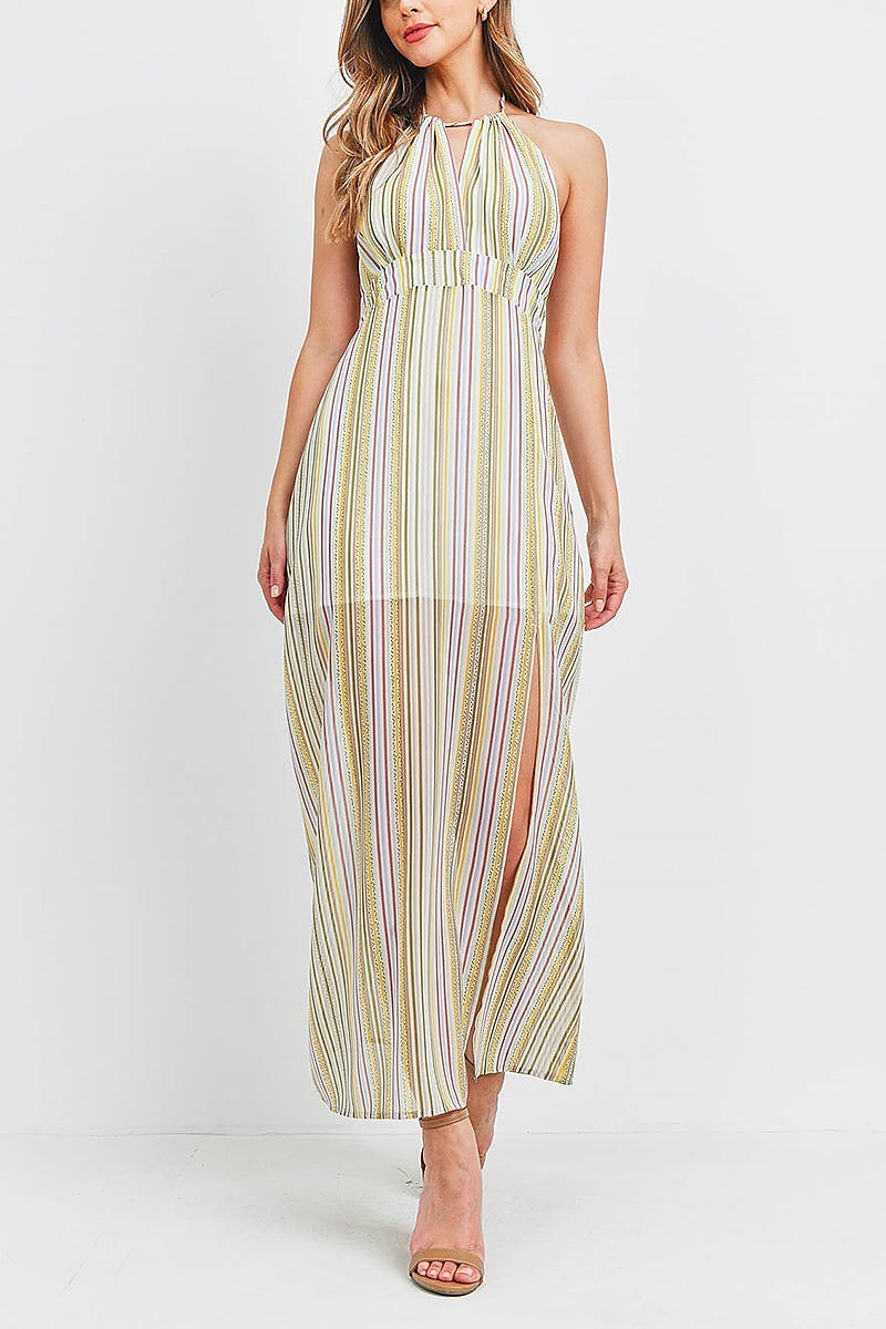 Stripe print halter neck maxi dress (DED6417)