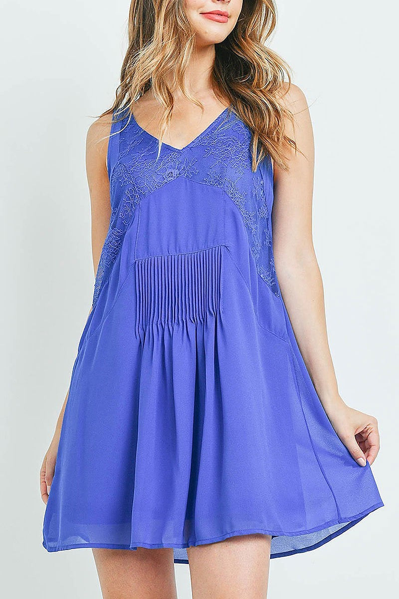 V neck lace trimmed pleated detail flare dress (DED6150)