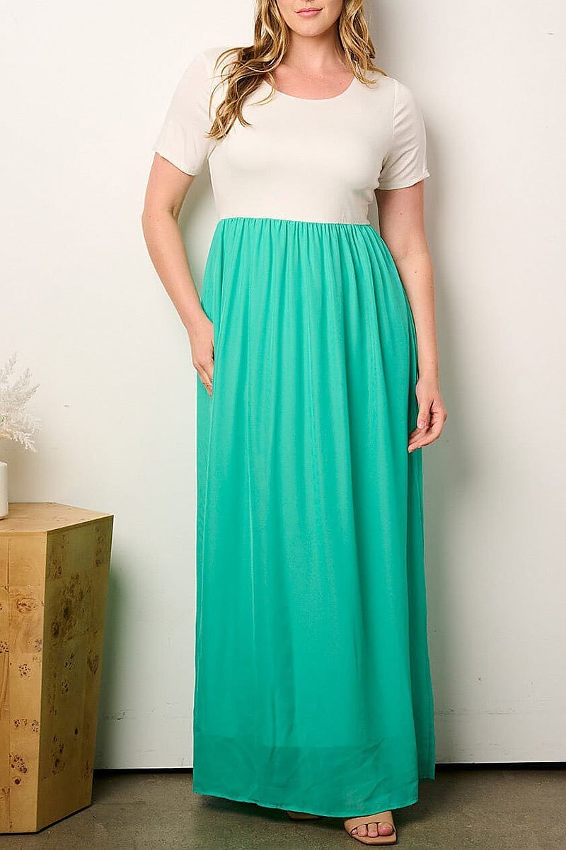 Short sleeve elastic waist colorblock maxi dress (EFWT9120)