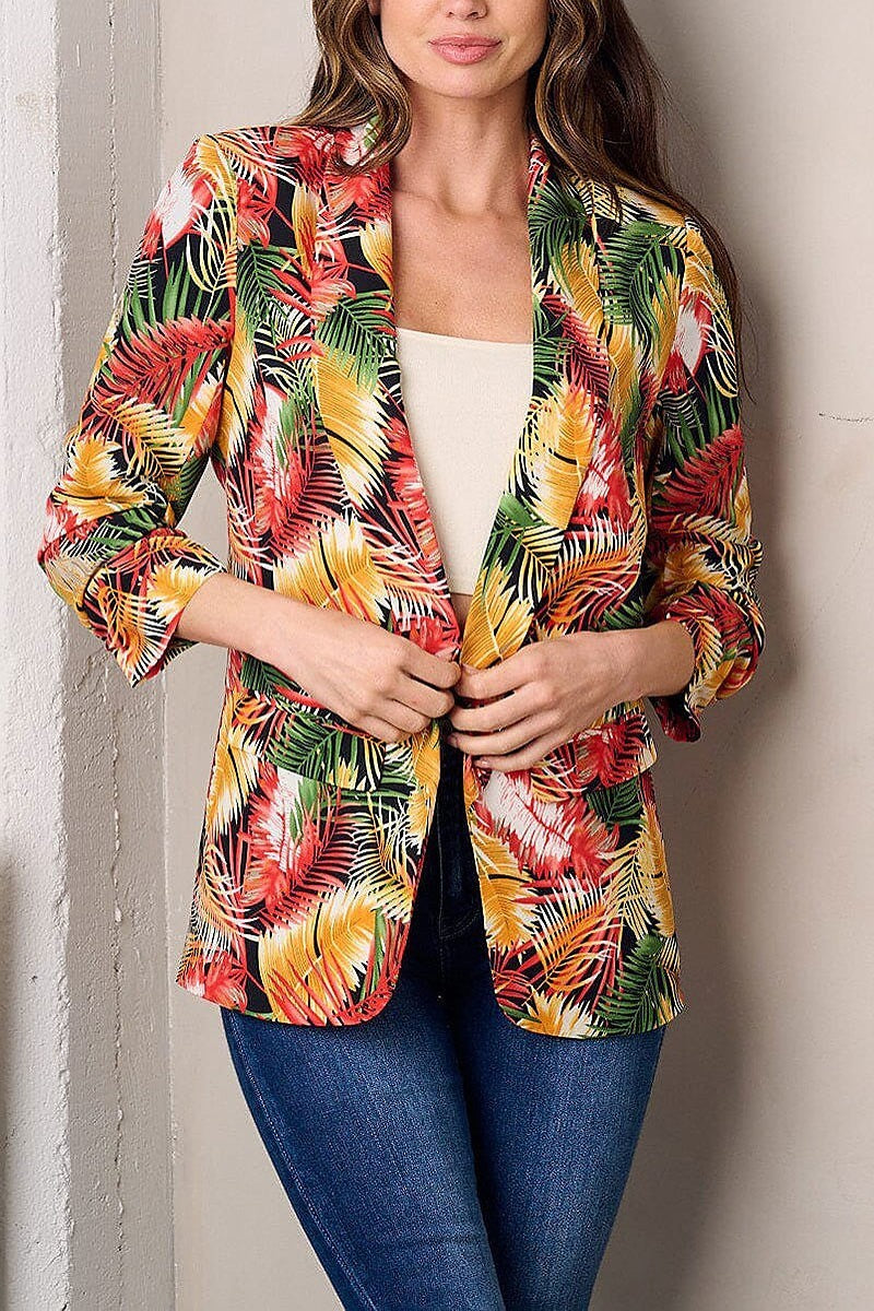 Open front leaf print blazer (EFWT3046)