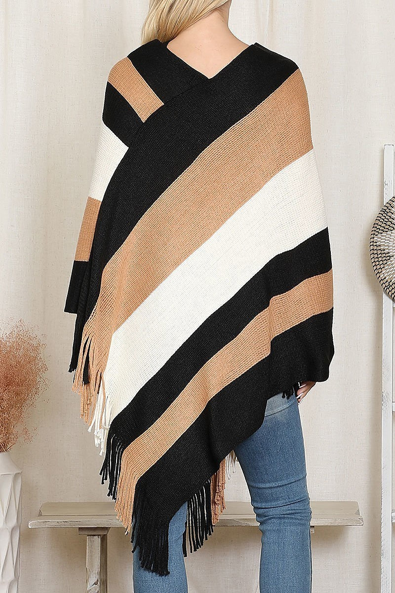 Color block fringe sweater poncho (DGS6331)