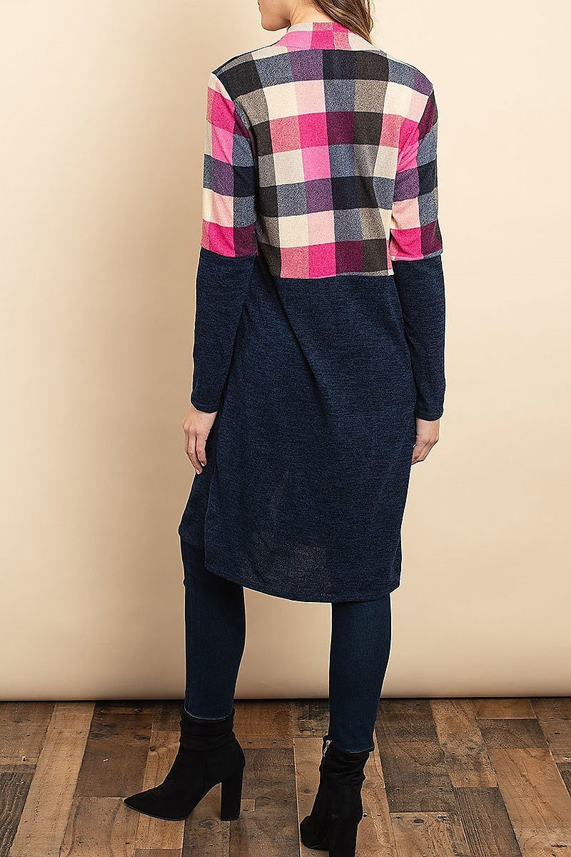 Checker color block pocket detail cardigan sweater (DGS4953-3)