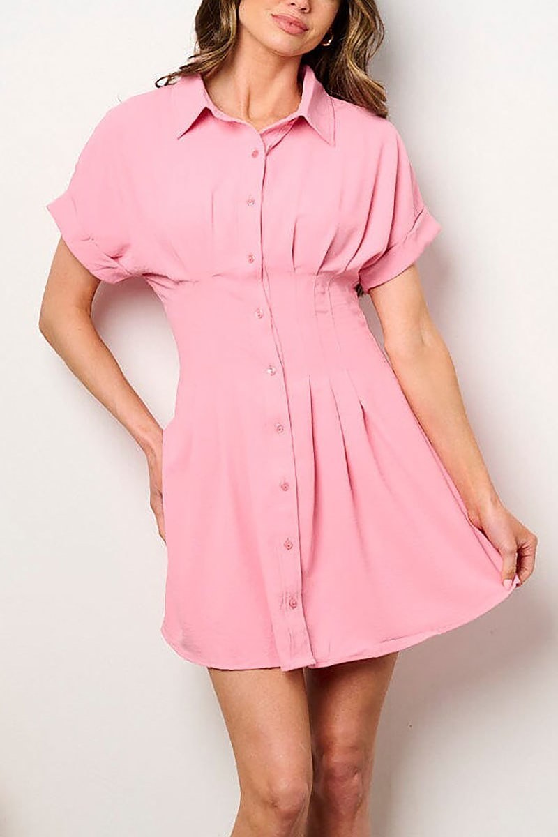 Short sleeve button up fit & flare mini dress (EFWT8851)