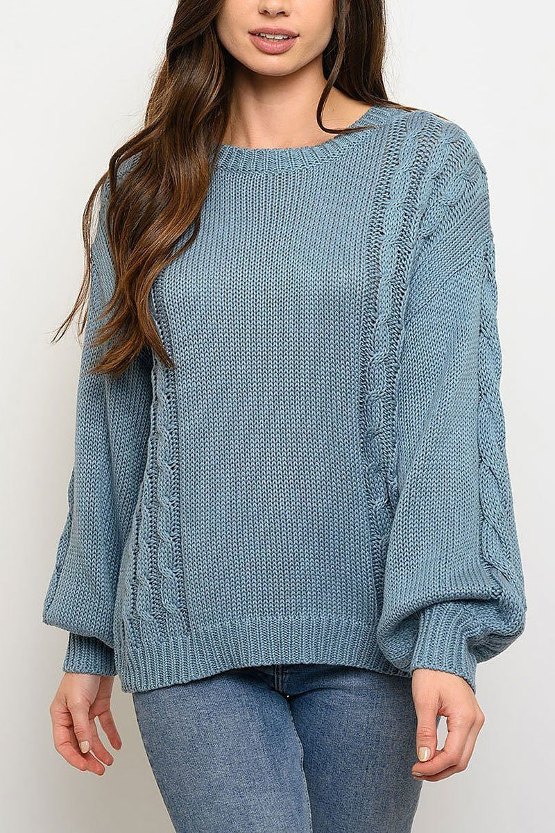 Cable knity long puff sleeve sweater (EDWT3739)