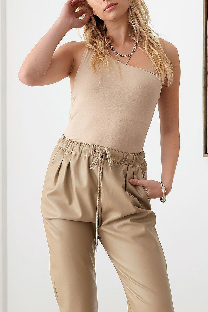 Faux leather drawstring ankle pants (TED2703)