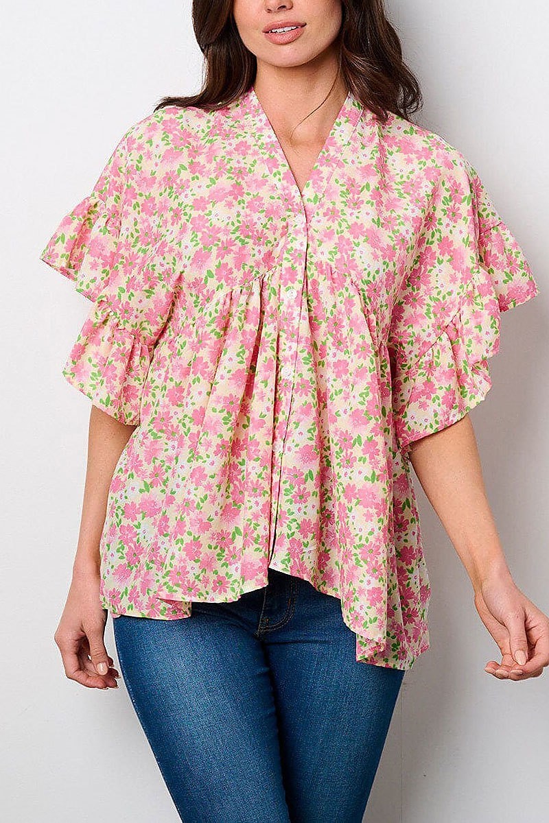 Short sleeve v-neck lace up back floral tunic top (EFWT8951)