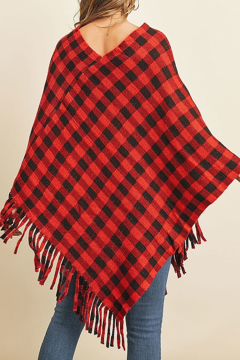 Fringe detail buffalo plaid poncho kimono (DGS4956)