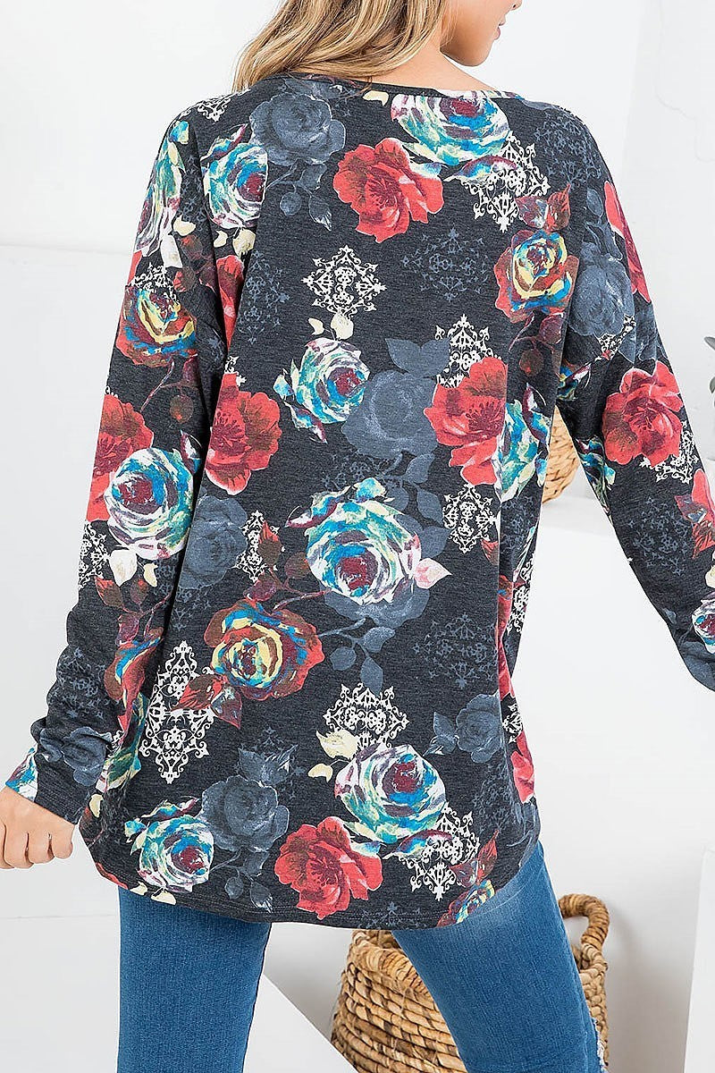 Floral print wrap front losoe fit tunic top (EF2441)