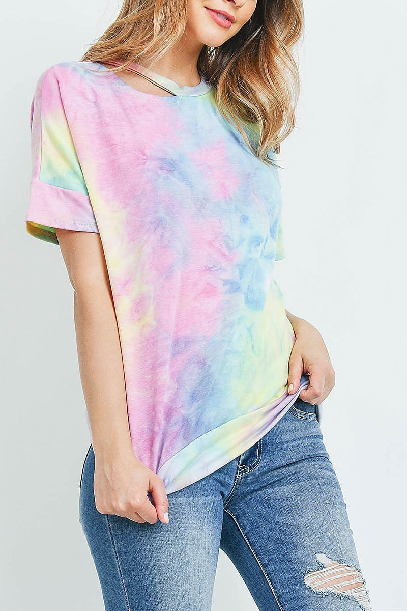 Cutout neckline tie dye banded hem top (ED9157)