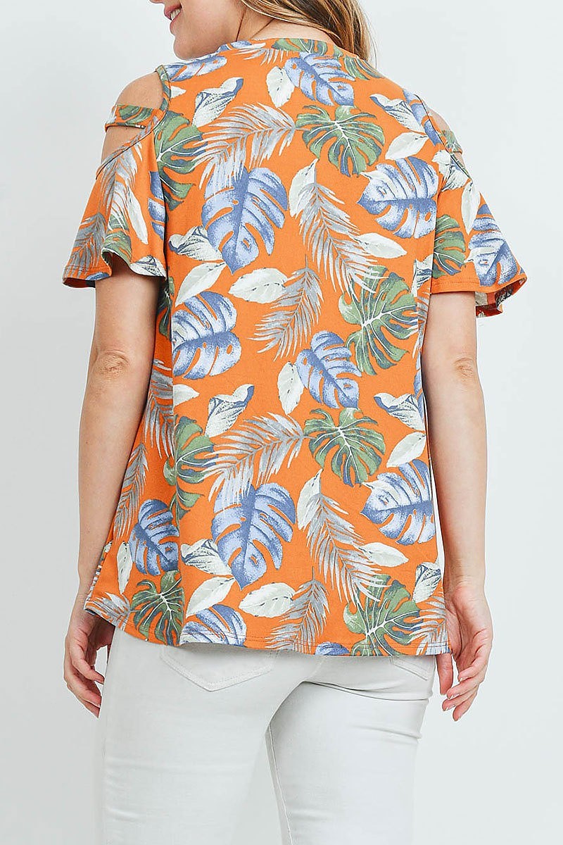 Tropical print cutout sleeve top (ED9260)