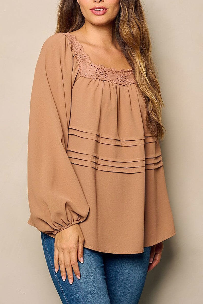 Ballon sleeve eyelet deyailed tunic blouse top (EFWT4815)