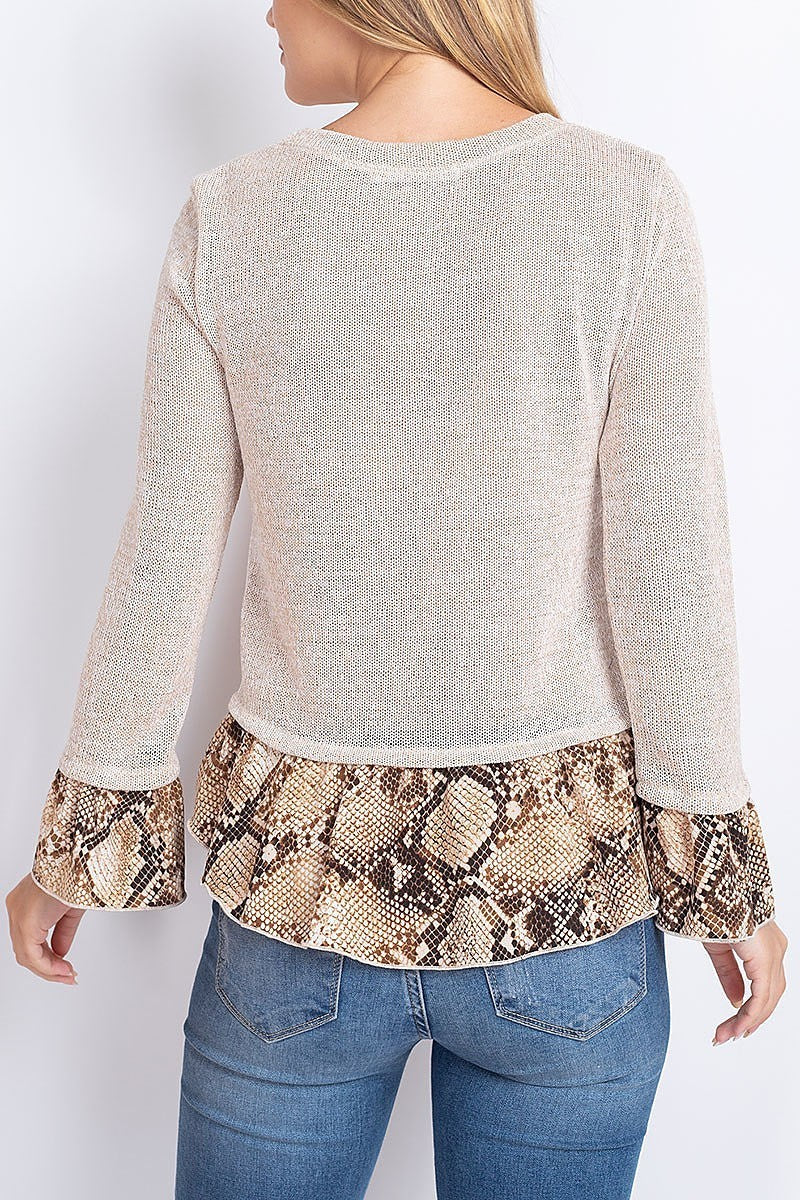 Snake print contrast round neck color block top (EF1904)