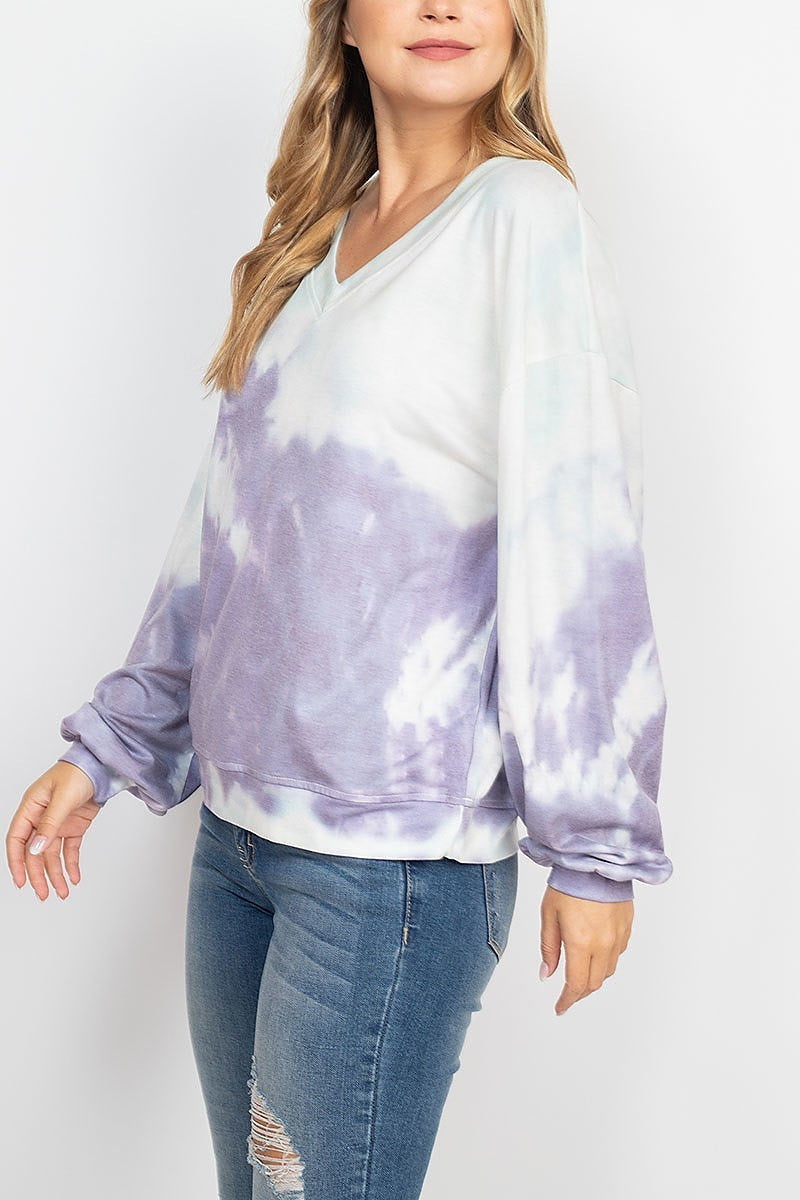 V neck tie dye bubble sleeve top (EF1978)