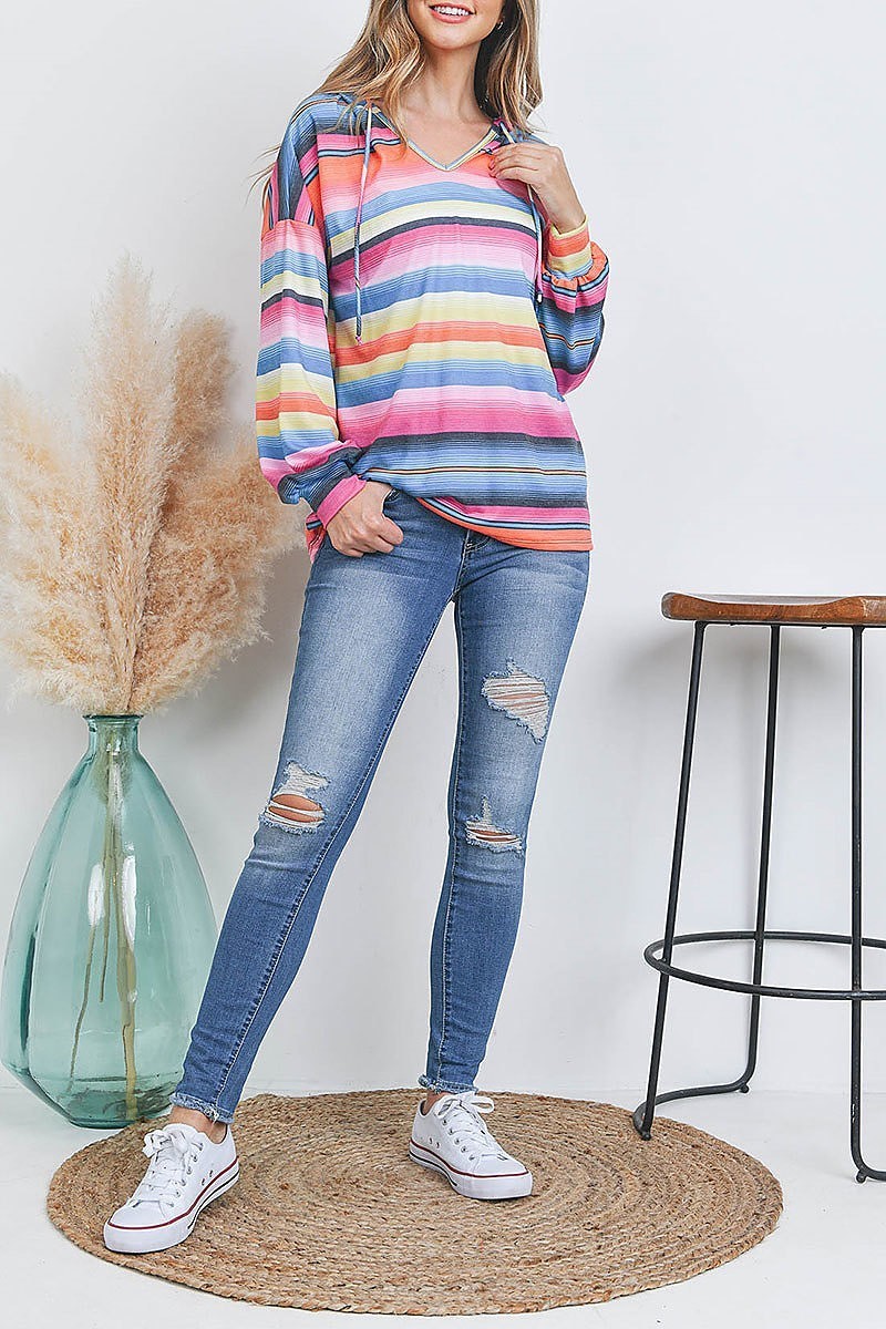 Multi stripe loose fit hoodie top (EF2357)