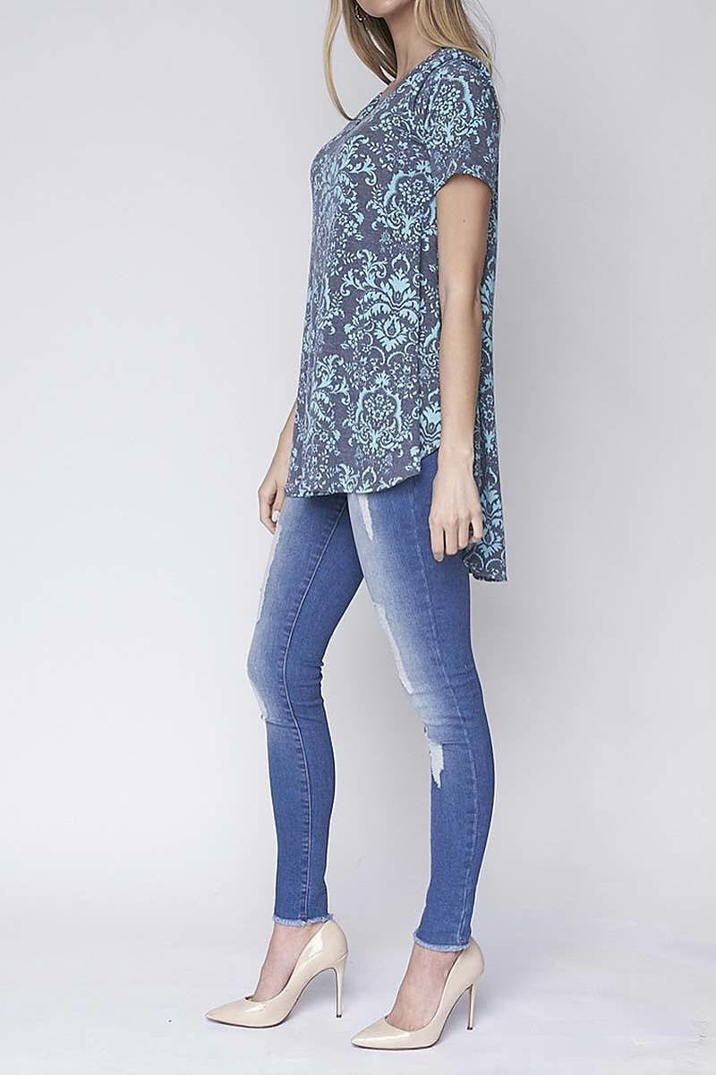 Damask print short sleeve v-neck hi-lo tunic top (DGC8600-LAST)