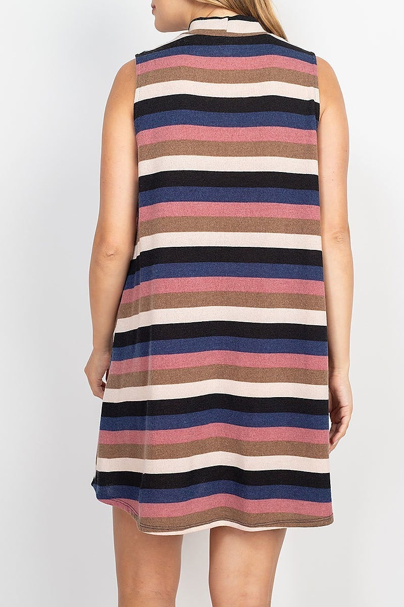 Mock neck pocket detail stripe tunic dress (DED6857)