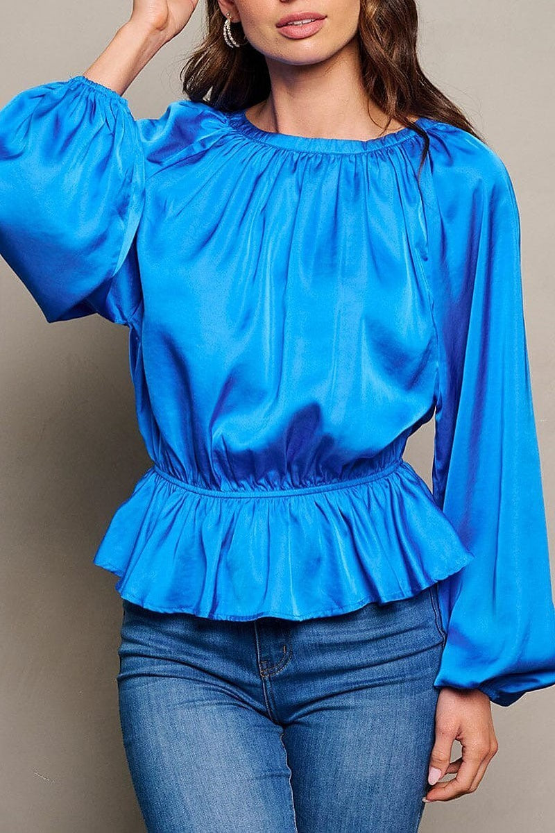 Long sleeve elastic waist peplum ruffle blouse top (EGWT1712)