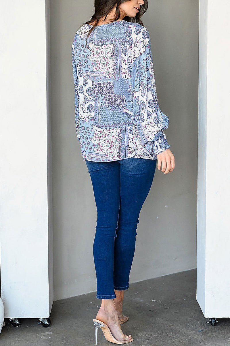 Long sleeve v neck multi print tunic top (EDWT9400)