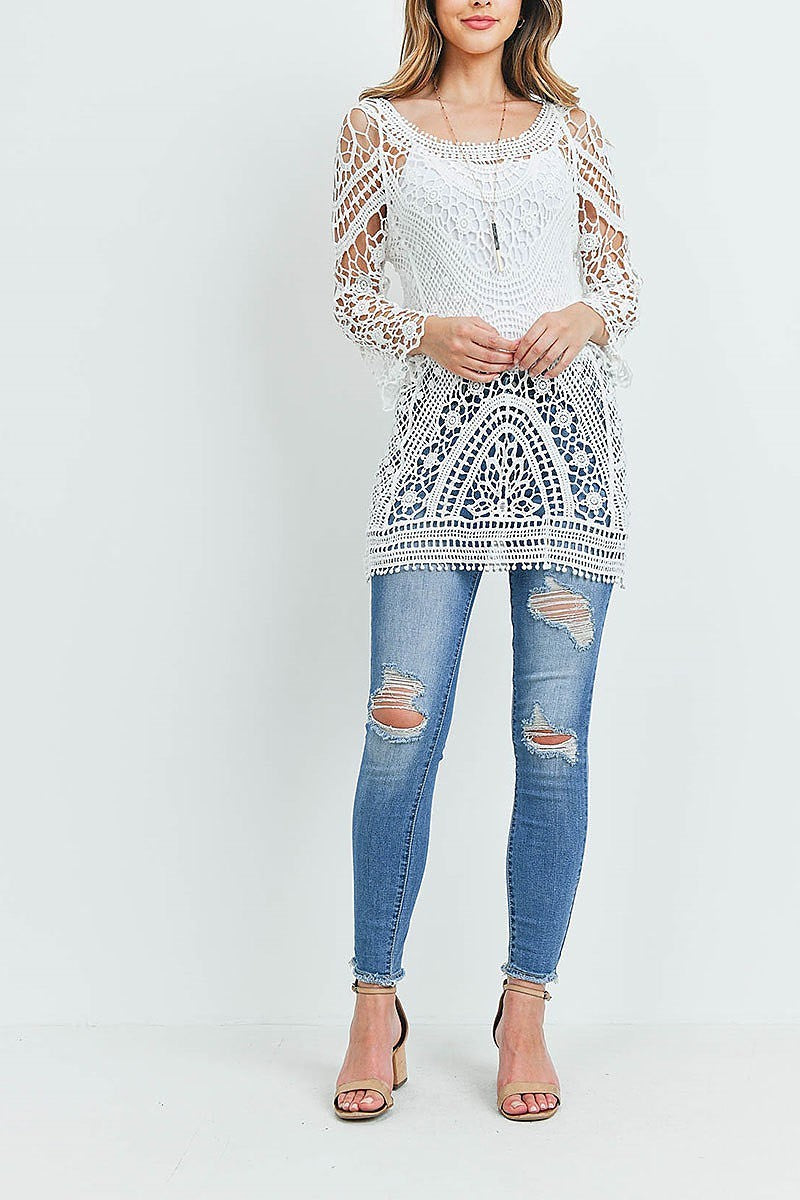 Lace crochet tassel tie back sheer top (EF1141)