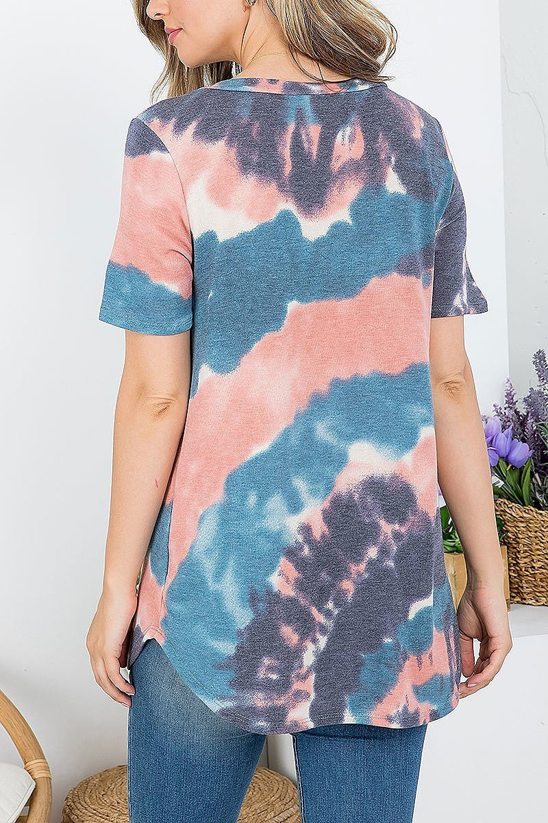 Tie dye keyhole v neck blouse top (EF4093)