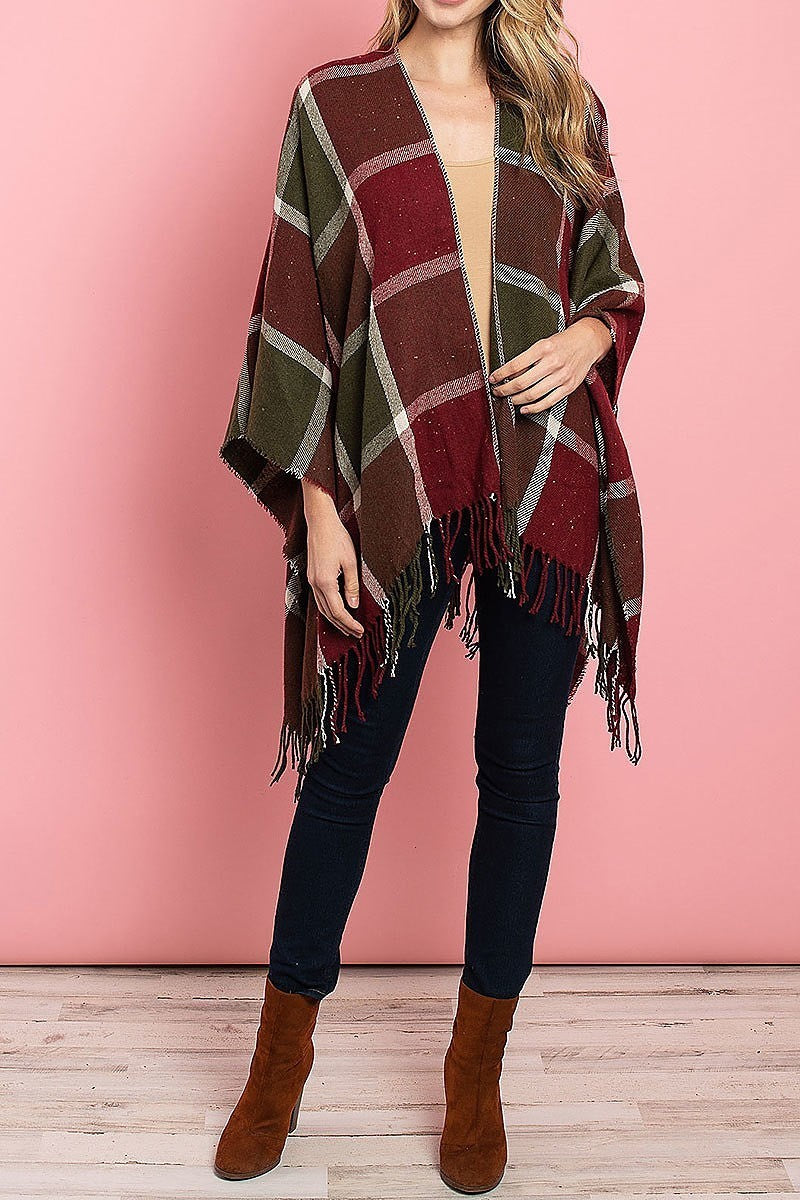 Fringe detail loose fit poncho sweater (DGS4918)