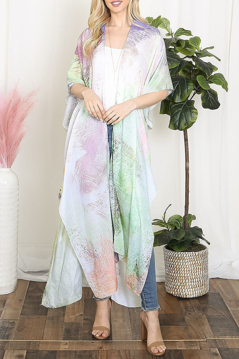 Tie dye multicolor splatter line print open front long kimono (EF5611)