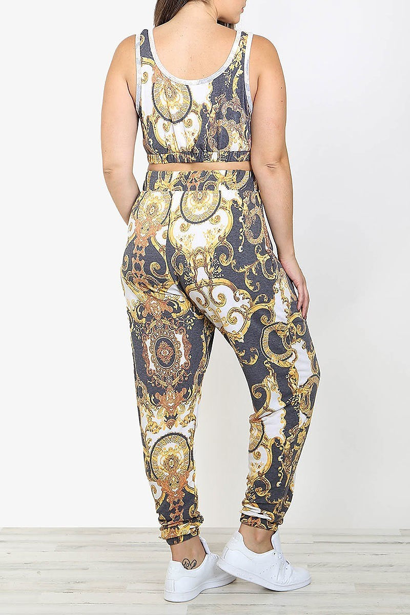 Medallion print crop top and pants set (XDG7358)