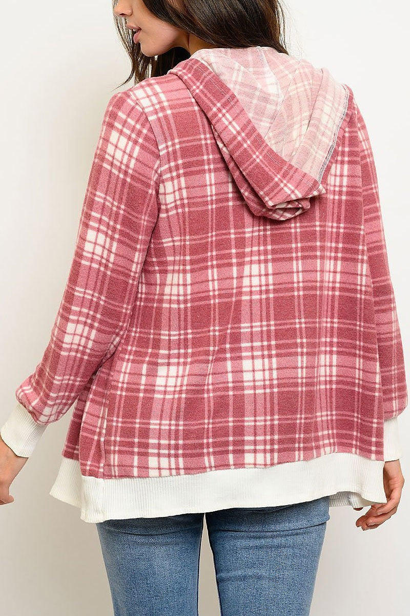 Drape front hoodie plaid cardigan (EDWT2864-1)