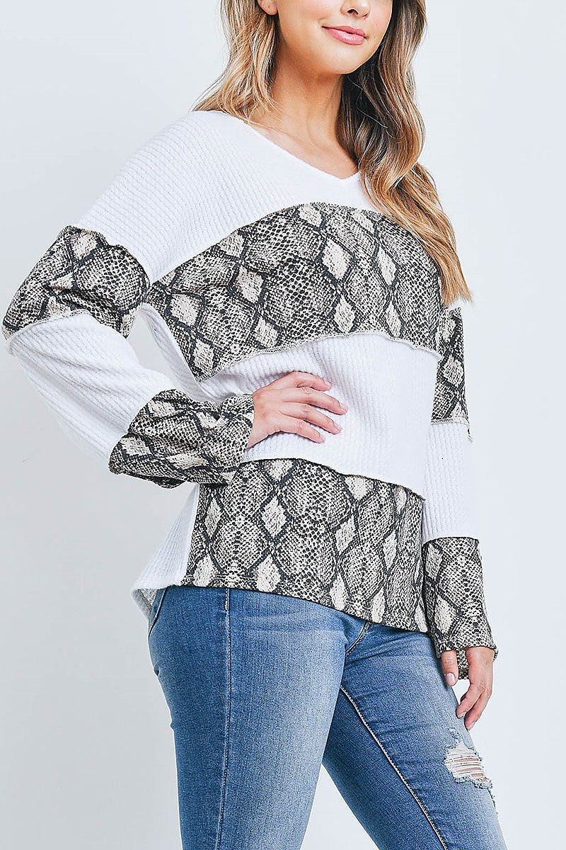 Snake print contrast overlock stitch waffle top (EF2412)