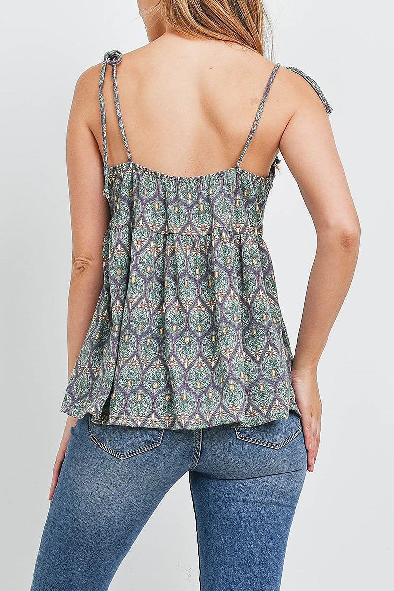 Paisley print tie shoulder baby doll top (EF1244)