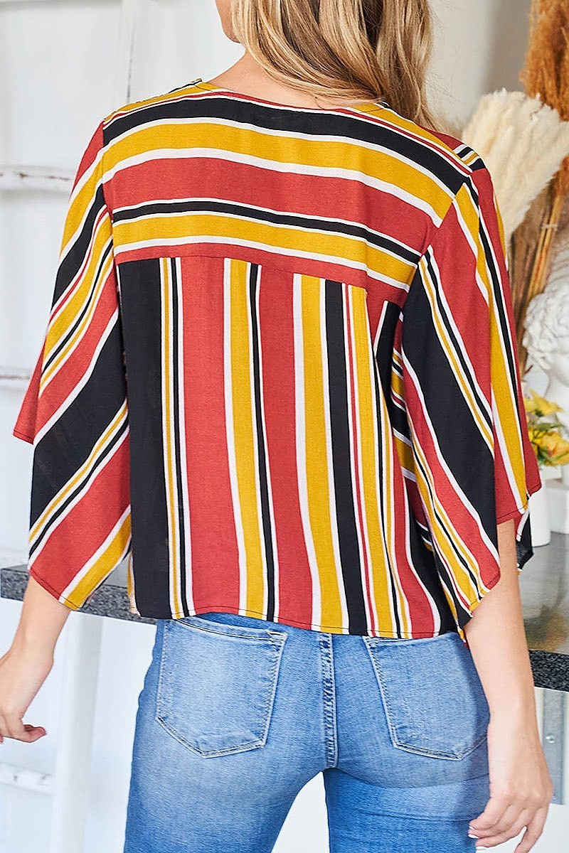 Wrap front stripe wide sleeve crop top (EF2727)