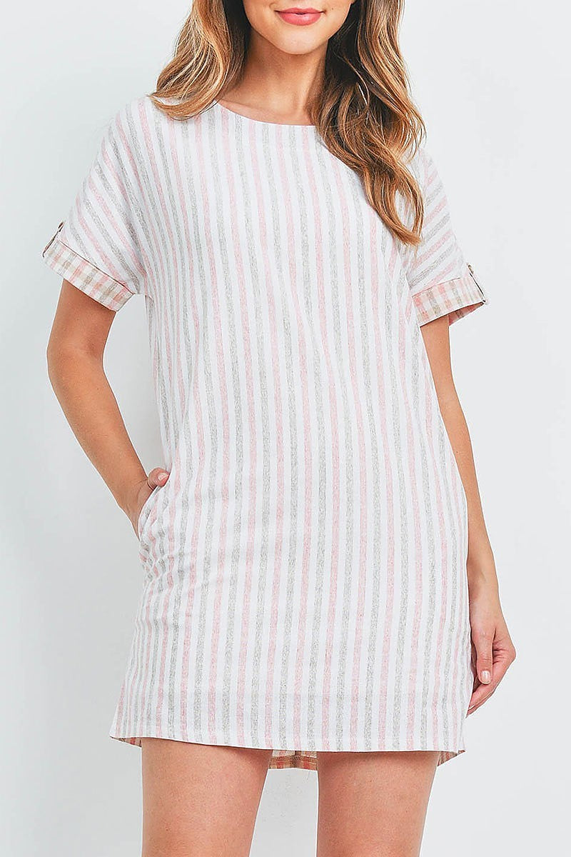 Stripe checker mix pocket detail dress (DED6343)