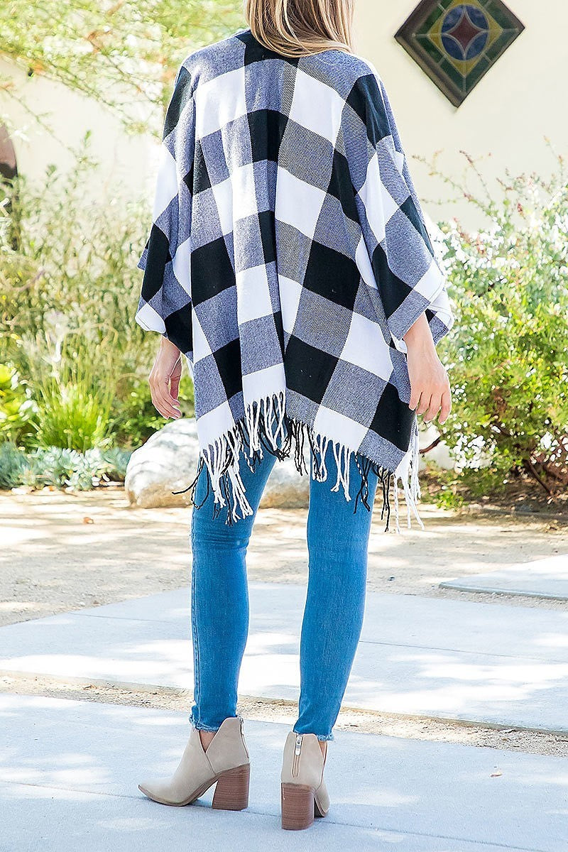 Plaid open front fringe kimono (DGS5876)