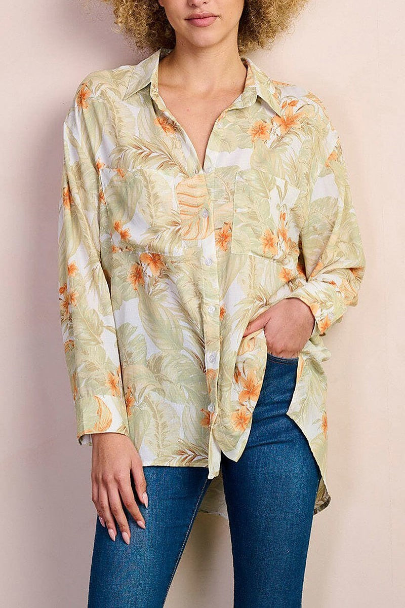 Button up front pocket leaf print blouse top (EFWT8483)