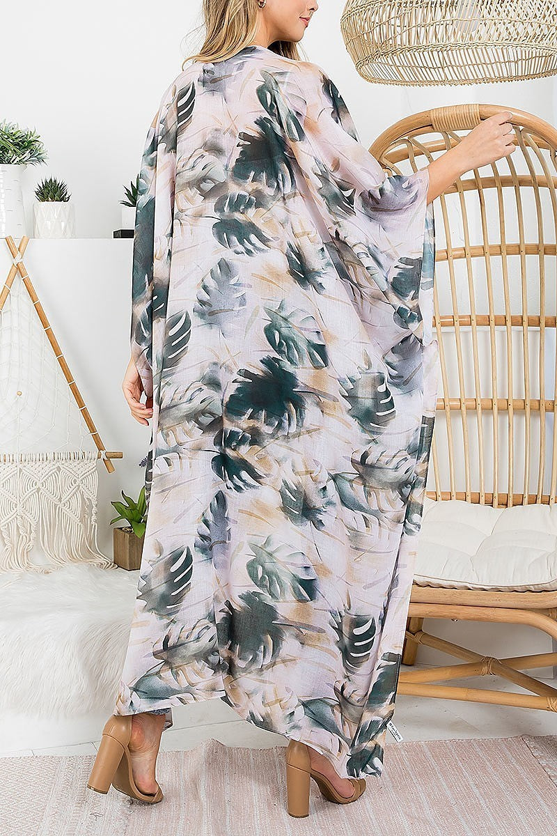 Leaf print bohemiian open front long kimono (EF4178)