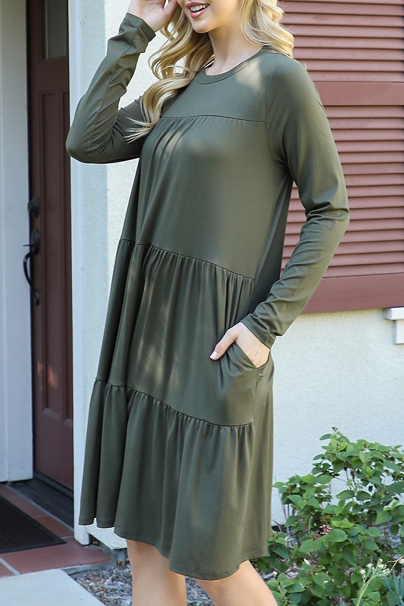 Solid long sleeve shirring tiered detailed dress (DED9802-1)