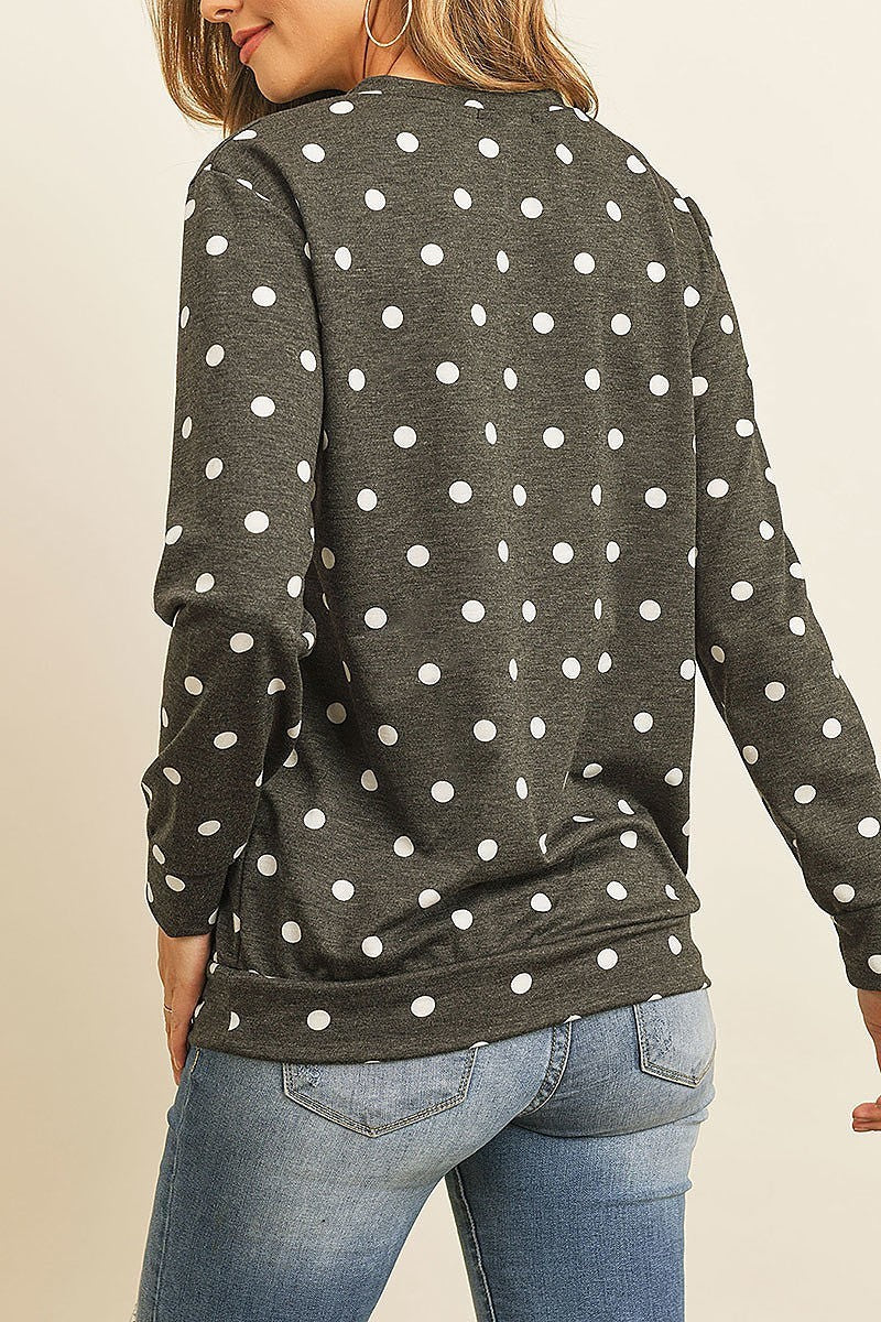 Fleeced polka dot print long sleeved pullover top (EF2654)