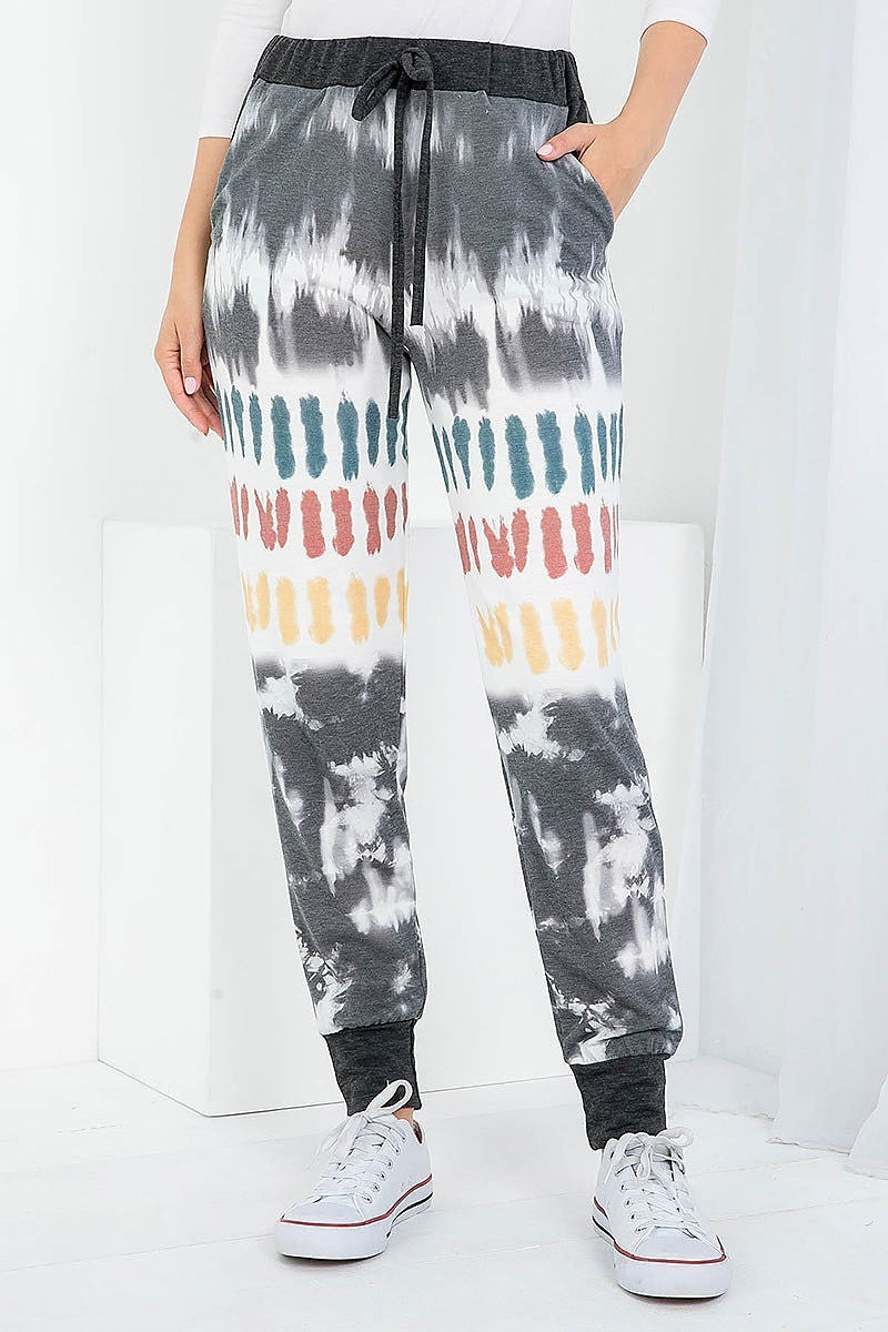 Tie dye draw string front with side pockets cuffed leg pants (DGB3427)