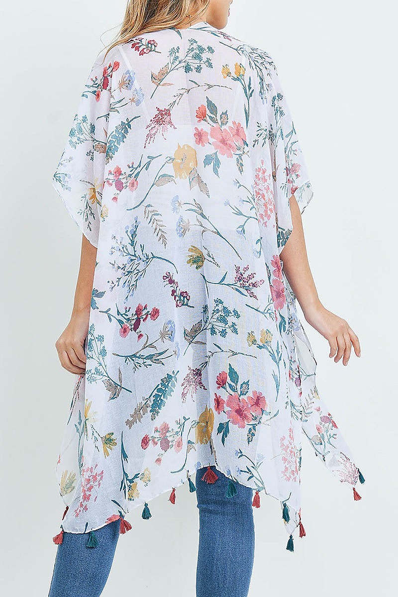 Floral print open front tassel kimono (EF1113)